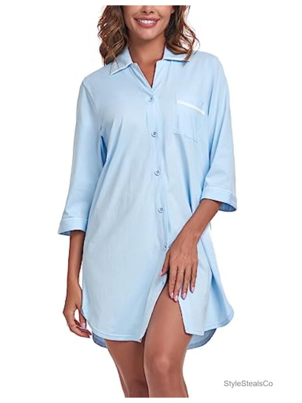 100% Cotton Nightgown 3/4 Sleeve Button Down Sleep Shirt Night Dress